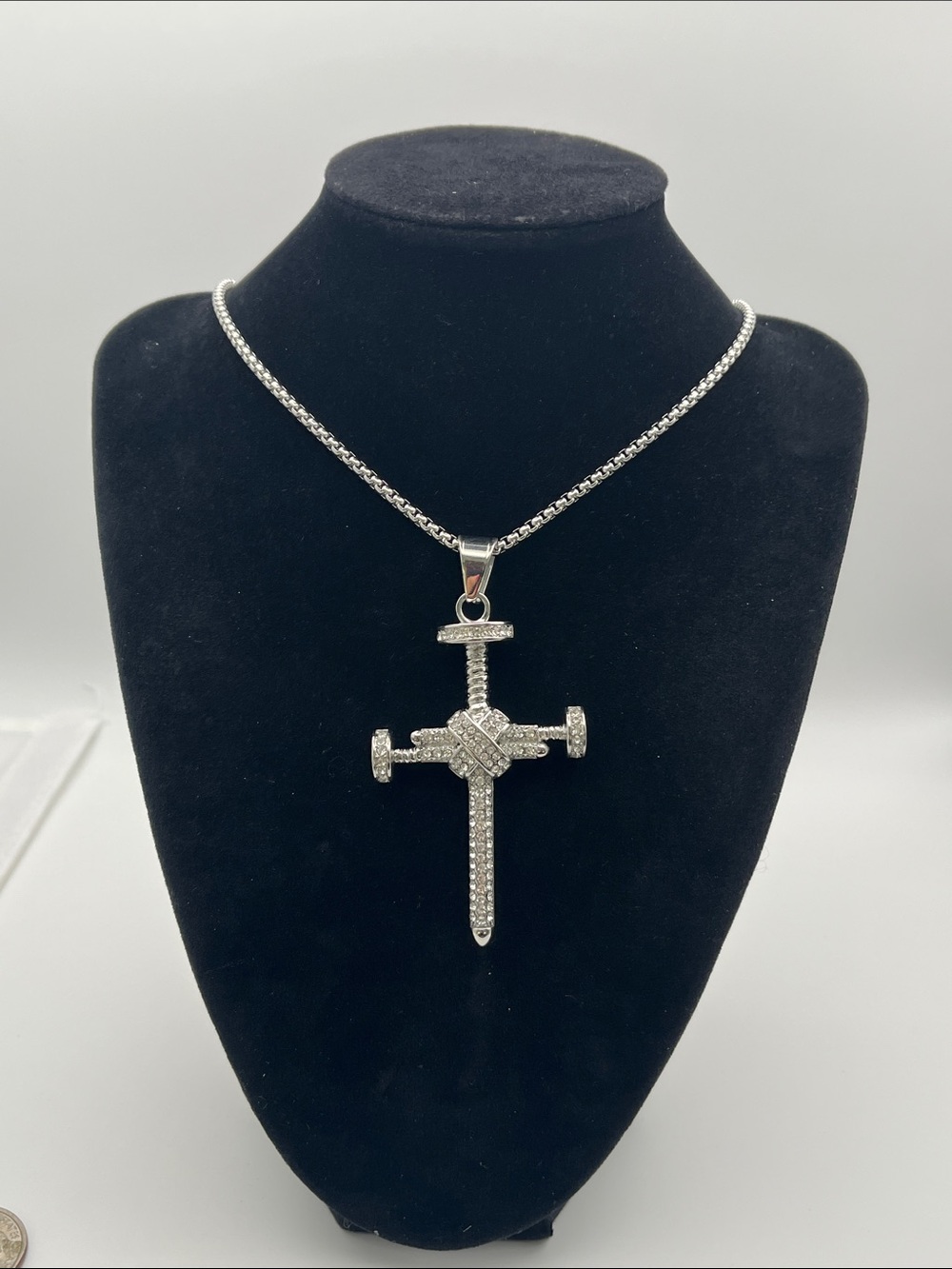 24”, Men's Stainless Steel Nail Cross Pendant Necklace with Pavé Crystals